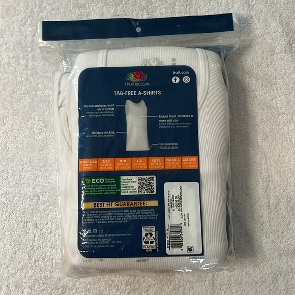 Fruit of the Loom Men’s 6 Pack Ribbed Stretch ‘A-Shirts’, Size Medium - Picture 2 of 3